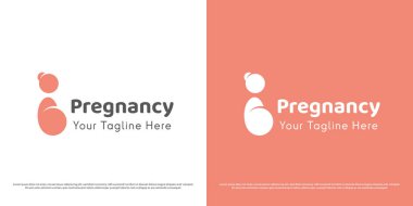 Hamile anne logosu tasarımı çizimi. İçinde fetüs, bebek, ebe, sağlıklı çocuk, bakım ve destek olan koca göbekli bir annenin silueti. Basit yassı sağlık simgesini özetle.