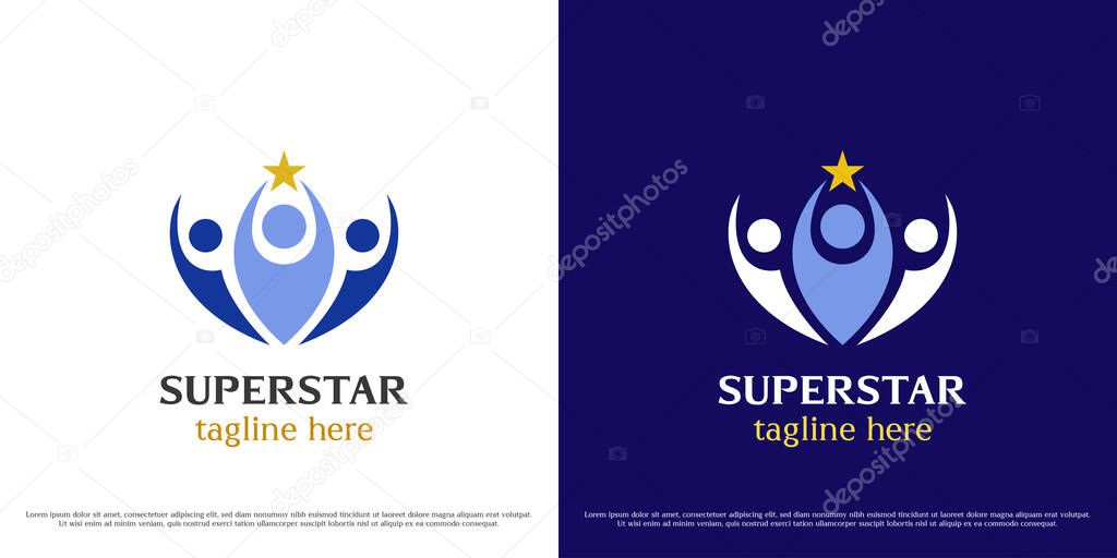 Work teamwork logo design illustration. Silhouettes of people group individuals colleagues friends office work company business leader star success achievement. Modern minimal simple flat icon symbol.