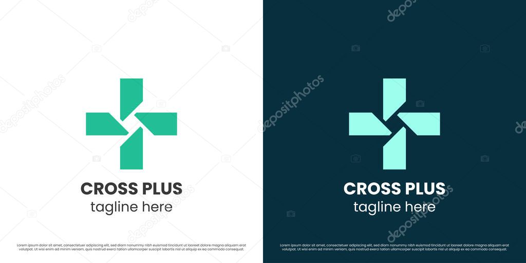 Cross plus logo design illustration. Abstract silhouette of plus sign symbol health cure care hospital clinic minimal flat.