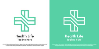 Monogram sağlık logosu tasarımı çizimi. Siluet haçı artı taze yeşil doğrusal çizgiler. Hastane kliniği hasta tedavisi. Asgari minimalist basit simge sembolü.