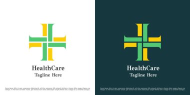 Taze sağlık logosu tasarımı çizimi. Artı işareti silueti yeşil sarı hastane eczanesi bakım desteğine yardımcı oluyor. Geometrik soyut, basit simge simgesi.