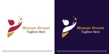 Kariyer sahibi kadın logosu tasarımı. Kurumsal işverenin silueti profesyonel kadın kupa başarısı yıldızı kar şirketini elinde tutuyor. Modern minimal basit simge sembolü.