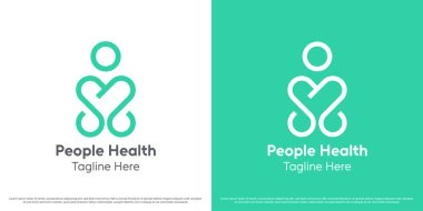 İnsanlar kalp logosu tasarımı çizimleri yapar. Kalp krizi geçiren insanların silueti hastane sağlık hizmetleri kliniğine destek veriyor. Basit asgari çizgi geometrik sembol.