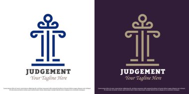 Mahkeme yargıcı logo tasarımı vektör çizimi. Sütun sütununun silueti doğrusal avukatlık hukuku yönetmelik şirketi ofis adaleti. Basit asgari geometrik klasik lüks vektör sembolü.