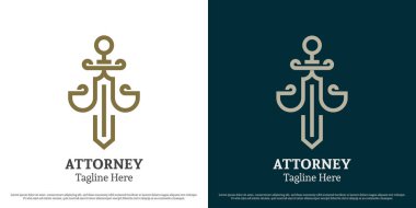 Mahkeme kılıcı logosu tasarımı vektör çizimi. Siluet işi büro binası adalet mahkemesi suçlu aristokrat Roma tarihi dengeler. Basit bir klasik lüks vektör simgesi.