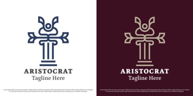 Adalet logosu tasarım vektör illüstrasyonunun direği. Hukuk avukatı silueti yargılama işini aristokrat olarak değerlendirir. Basit, klasik geometrik, zarif, lüks vektör simgesi.