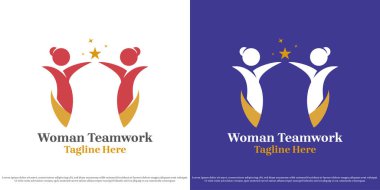Kadın takım çalışması vektör logosu çizimi. İş kadını, kadın, işçi, insan, siluet. Asgari soyut simge simgesi.