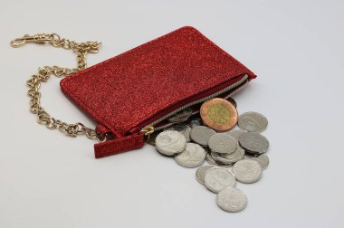 Women's red wallet and coins, Czech crowns