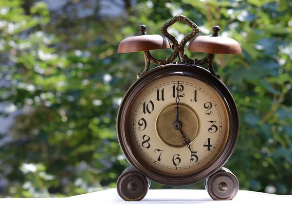 Antique alarm clock in a garden setting in summer