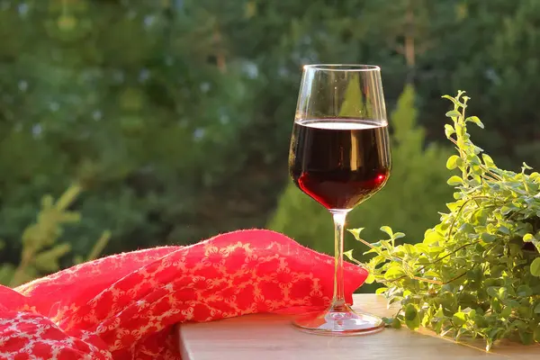 Glass Red Wine Table Garden — Stock Photo, Image