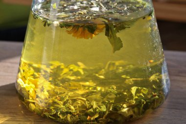 Bitki çayı yapmak için çaydanlığa karıştırılan bitkilerden yakın çekim.