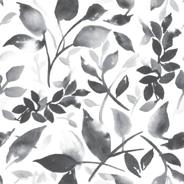 Elegant Black and White Watercolour Effect Foliage Leaves Repeat Seamless Tile Vector Pattern Background. Wallpaper, fashion print, card, wrapping, backdrop, textile design, product pattern, cushion