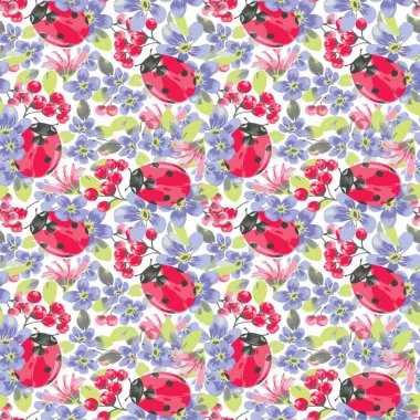 Red ladybug purple lilac flowers green leaves seamless repeat vector pattern for fashion, print, fabric, textile, background, wallpaper, wrapping paper, scrapbooking, creation, vintage retro style