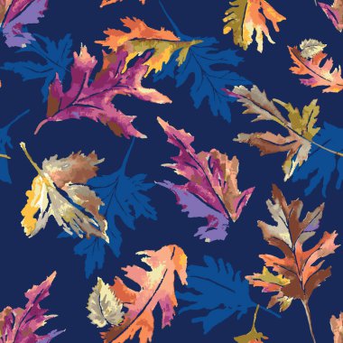 Colourful fallen autumn maple leaves black silhouette seamless repeat pattern background tile on navy