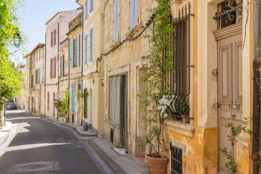 Arles, Bouches-du-Rhone, Provence-Alpes-Cote d'Azur, France. Potted plants along a street in Arles.