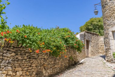 Gordes, Vaucluse, Provence-Alpes-Cote d'Azur, France. A steep narrow street in a small town in Provence.