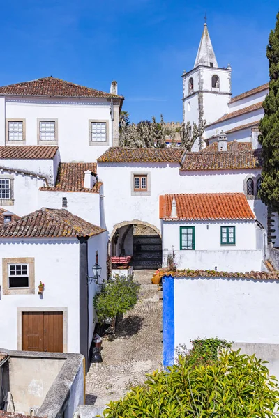 Europe, Portugal, Obidos. Small church steeple and homes in Obidos.