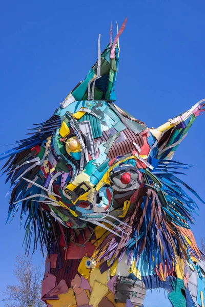 stock image Europe, Portugal, Lisbon. April 20, 2022. Sculpture 'Iberian Lynx' created from trash and found objects, by Portugese artist Bordalo II, Arturo Bordalo.