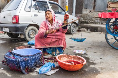 Shamswari, Srinagar, Jammu ve Kaşmir, Hindistan. 25 Ekim 2022. Kaşmir 'deki Dal Gölü' nden taze balık satan bir kadın..
