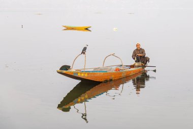 Dal Lake, Srinagar, Jammu ve Kashmir, Hindistan. 26 Ekim 2022. Karga, Dal Gölü 'ndeki bir teknede ağlarını toplayan balıkçıyı izliyor..
