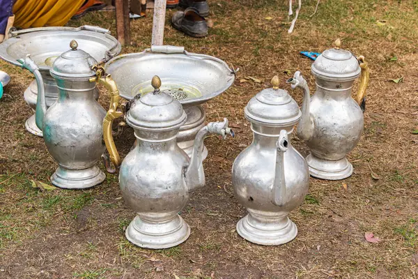 stock image Srinagar, Jammu and Kashmir, India. Tinware teapots at a wedding in Srinagar.