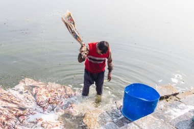 Hazratbal, Srinagar, Jammu ve Kashmir, Hindistan. 30 Ekim 2022. Dal Gölü kıyısında çamaşır yıkayan bir adam..