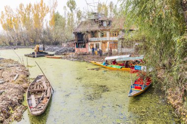 Rainawari, Srinagar, Jammu ve Kashmir, Hindistan. 1 Kasım 2022. Geleneksel tekne ve evler Dal Gölü 'nde bir kanalda.