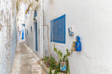 Hammamet, Nabeul, Tunus. Hammamet 'te dar bir sokak..