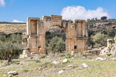 Dougga, Beja, Tunus. Alexander Severus 'un Roma' nın Dougga harabelerinde zafer kemeri.