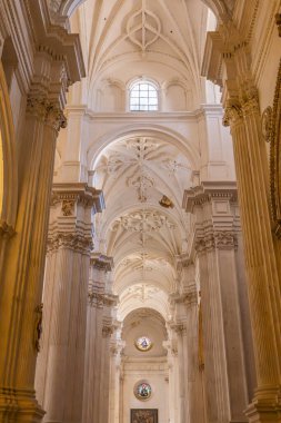 Albaicin, Granada, Granada ili, Endülüs, İspanya. 26 Nisan 2023. Granada Katedrali 'nde sütunlar ve tavan.
