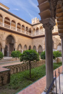 Casco Antiguo, Seville, Seville Eyaleti, Endülüs, İspanya. 5 Mayıs 2023. Sevilla Alcazar 'da bir avlu, eski bir Fas kalesi..