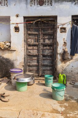 Tilora, Ajmer, Rajasthan, Hindistan. Kovalar eski bir evin önünde..