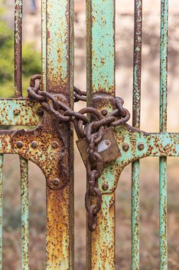 Tilora, Ajmer, Rajasthan, India. Rusty chain and padlock on an old iron gate. clipart