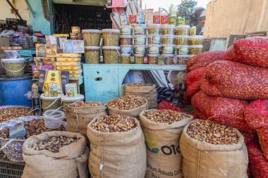 Al Wahat Al Baharia, Giza, Egypt. February 20, 2023. Dates and olives at a market at the Bahariya Oasis in the desert of western Egypt. clipart