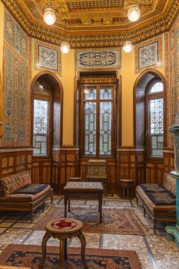 Roda Adası, Eski Kahire, Kahire, Mısır. 23 Şubat 2024. Kahire 'deki Yönetim Sarayı' nın iç manzarası..