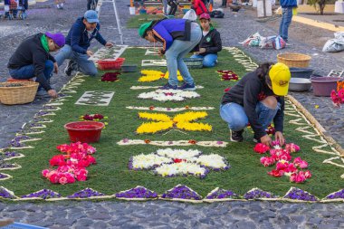 Antigua Guatemala, Sacatepequez, Guatemala. 10 Mart 2024. Semana Noel Baba 'nın Paskalya Bayramı kutlamaları için çiçek yaprakları ve çam iğnelerinden alfombra süslemeleri yapıyorum..