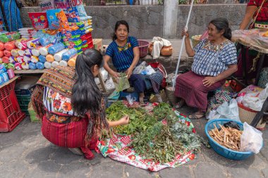 Santiago Atitlan, Solola, Guatemala. 13 Mart 2024. Guatelmalan pazarında ot satan kadınlar.
