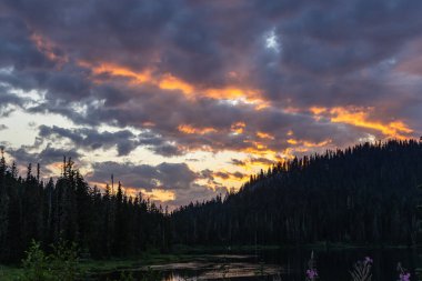 Mount Rainier Ulusal Parkı, Washington, ABD. Gün batımında bulutların üzerinde turuncu ışık.