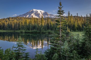 Mount Rainier Ulusal Parkı, Washington, ABD. Rainier Dağı Milli Parkı 'nın cennet bölgesindeki yansıma gölünden Rainier Dağı' nın öğleden sonra manzarası..