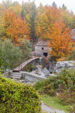Valbona, Tropoje, Kukes, Arnavutluk. Valbona Vadisi Ulusal Parkı 'ndaki Valbonas Nehri' nde eski bir taş öğütücü değirmeni ve yaya köprüsü..