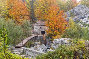 Valbona, Tropoje, Kukes, Arnavutluk. Valbona Vadisi Ulusal Parkı 'ndaki Valbonas Nehri' nde eski bir taş öğütücü değirmeni ve yaya köprüsü..