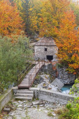 Valbona, Tropoje, Kukes, Arnavutluk. Valbona Vadisi Ulusal Parkı 'ndaki Valbonas Nehri' nde eski bir taş öğütücü değirmeni ve yaya köprüsü..