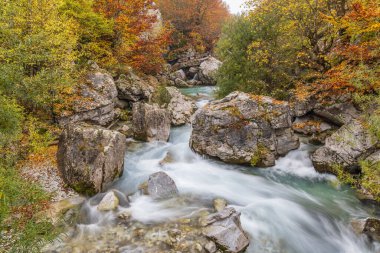 Valbona, Tropoje, Kukes, Arnavutluk. Valbona Vadisi Ulusal Parkı 'ndaki Valbonas Nehri' ne şelale ve beyaz su.