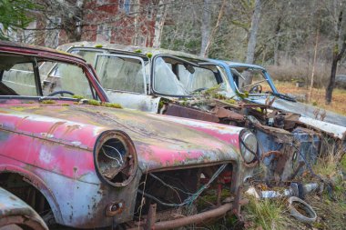 Piçler, Varmland, İsveç. 3 Kasım 2024. Bastnas Araba Mezarlığı 'nda hurda arabalar..