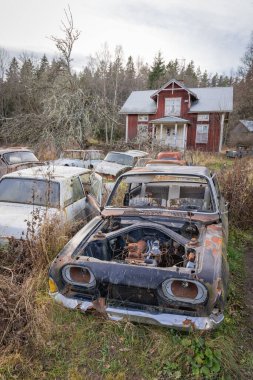 Piçler, Varmland, İsveç. 3 Kasım 2024. Terk edilmiş ev ve hurda arabalar Bastnas araba mezarlığında..