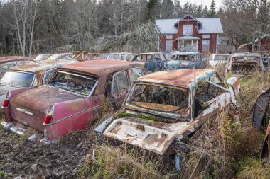 Piçler, Varmland, İsveç. 3 Kasım 2024. Terk edilmiş ev ve hurda arabalar Bastnas araba mezarlığında..