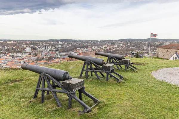 Fredriksten Kalesi, Halden, Ostfold, Norveç. Fredriksten Kalesi 'nden Halden limanına ve kasabasına bakan toplar..