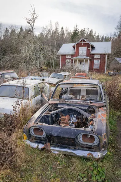 Piçler, Varmland, İsveç. 3 Kasım 2024. Terk edilmiş ev ve hurda arabalar Bastnas araba mezarlığında..
