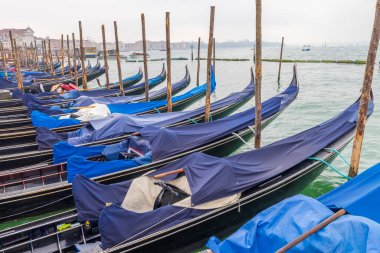 İtalya, Venedik. San Marco Meydanı. Gondollar meydanda demirlemiş, San Giorgio Maggiore Adası 'na doğru..
