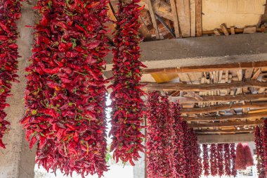 Donja Lakosnica, Razgojna, Jablanica Bölgesi, Sırbistan. Kuruması için asılmış taze kırmızı biber telleri..